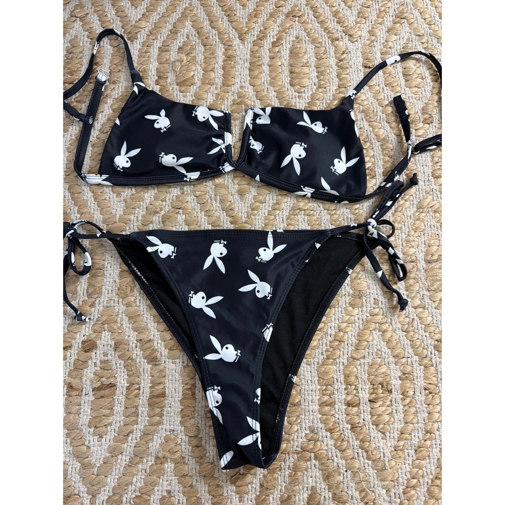 Playboy Bunny Bikini Set Black White Logo Print XS Top Small Bottoms
